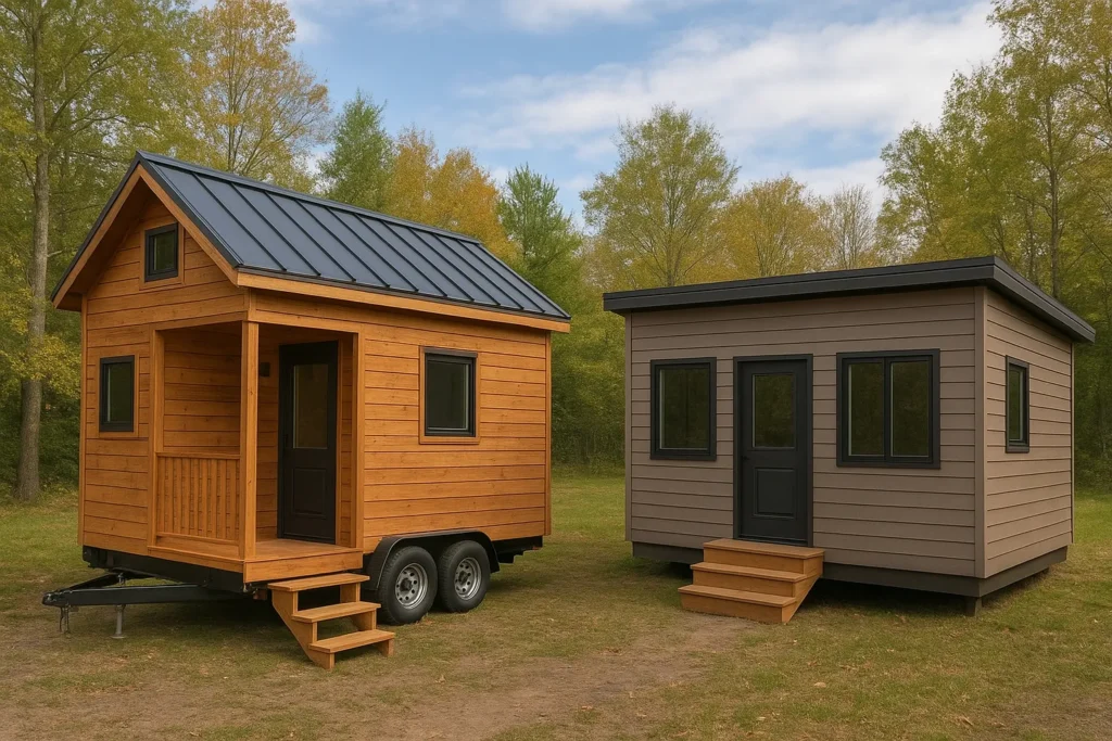 Modern prefab homes in a natural forest setting, designed for sustainable and off-grid living with cozy, minimalistic architecture.