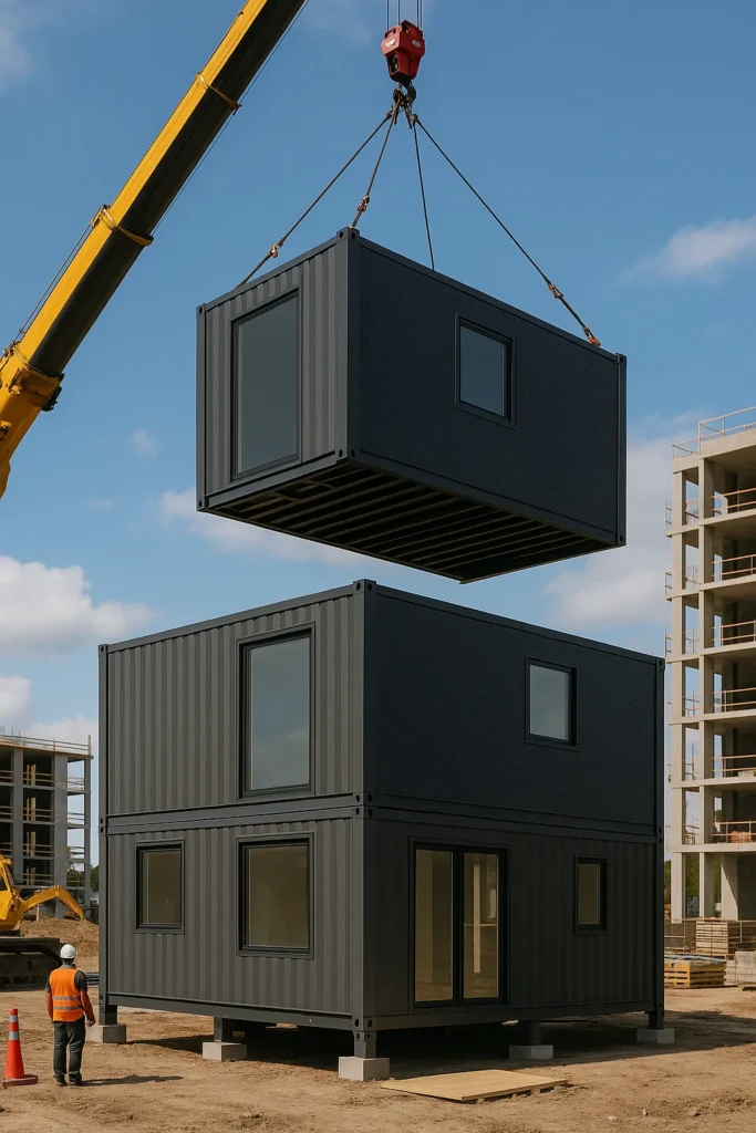 Futuristic modular building design featuring eco-friendly materials and smart technology integration