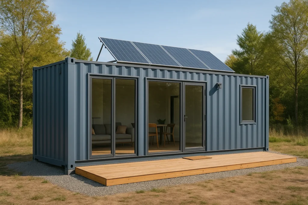 Modern solar powered container homes with rooftop solar panels highlighting smart and eco-friendly living