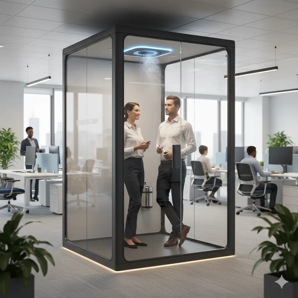 Corporate employees inside a modern smoking cabin in an open-plan office, symbolizing clean air and increased productivity.
