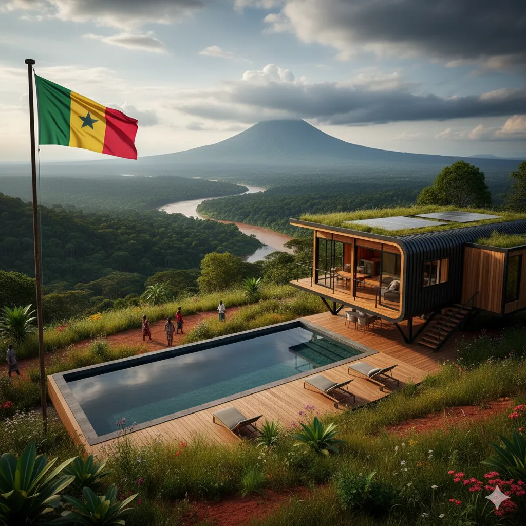Explore Advanced Building Systems Cameroon: A modern prefab home with a green roof and pool, set on a lush hillside overlooking a river and volcano, with the Cameroonian flag.