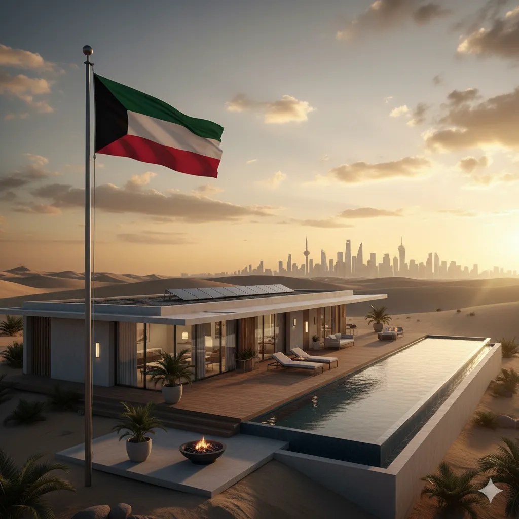 Discover Advanced Building Systems Kuwait: A luxurious prefab home with a pool in the desert, overlooking a modern cityscape at sunset, with the Kuwaiti flag proudly displayed.
