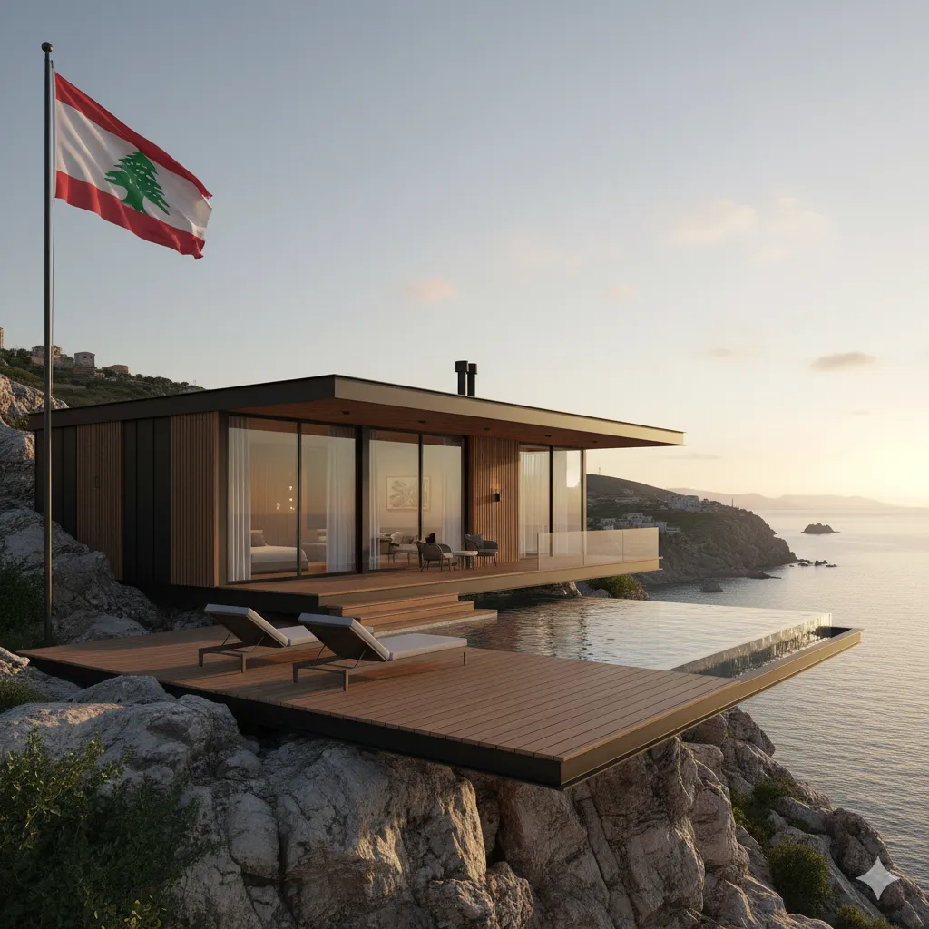 Discover Advanced Building Systems Lebanon: A sleek prefab home with an infinity pool perched on a cliff overlooking the Mediterranean, with the Lebanese flag proudly displayed.