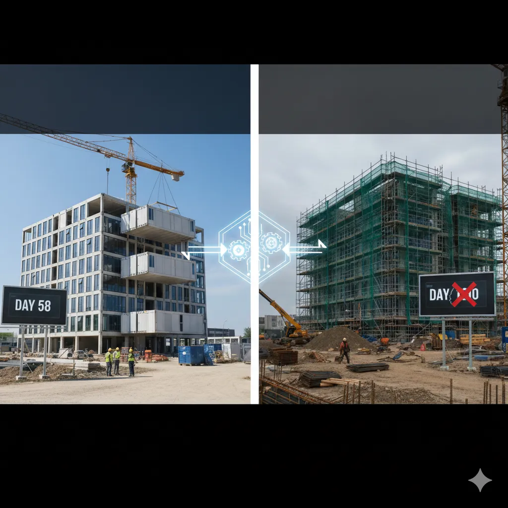 A dynamic comparison illustrating the power of **fast construction solutions**. One side shows a modern building rapidly assembled with cranes, while the other implies the traditional, slower method, highlighting how competitors can build in 60 days.