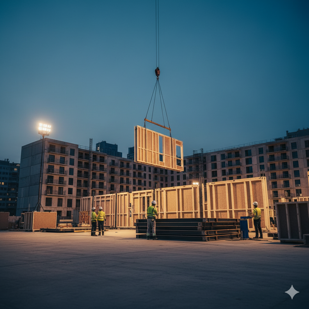 An organized construction site where a crane assembles a large prefabricated building, showcasing the efficiency of Modern Construction Methods.
