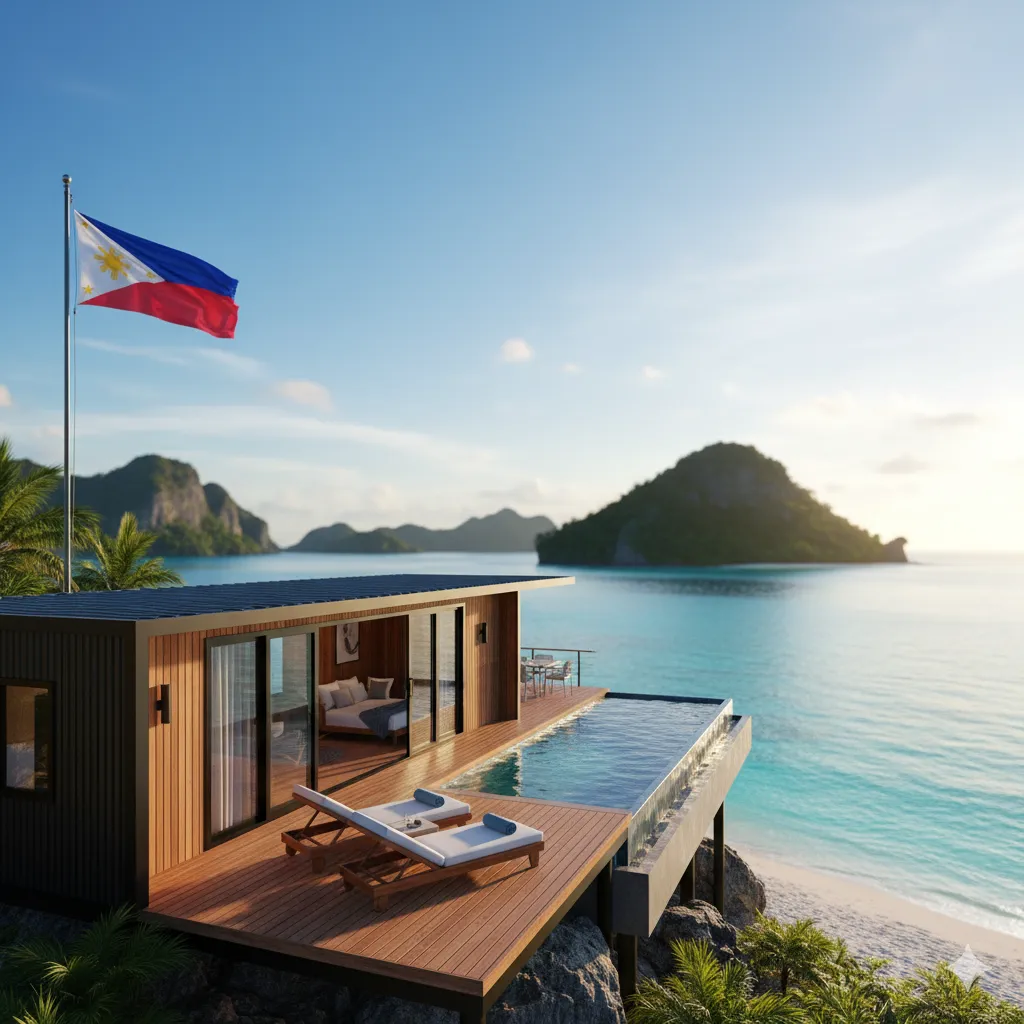 Experience Modern Construction Philippines: A stunning prefab villa perched on a cliffside overlooking a pristine tropical beach and turquoise waters, complete with an infinity pool and the Philippine flag.