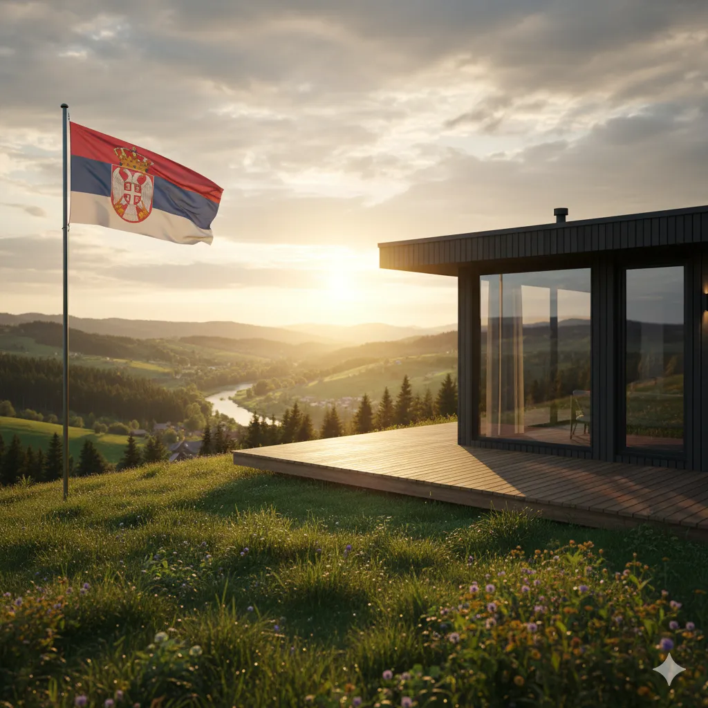 Experience Modern Construction Solutions in Serbia: A sleek prefab home set on a serene Serbian hillside, offering panoramic views of rolling valleys and a winding river at sunset, with the Serbian flag proudly displayed.