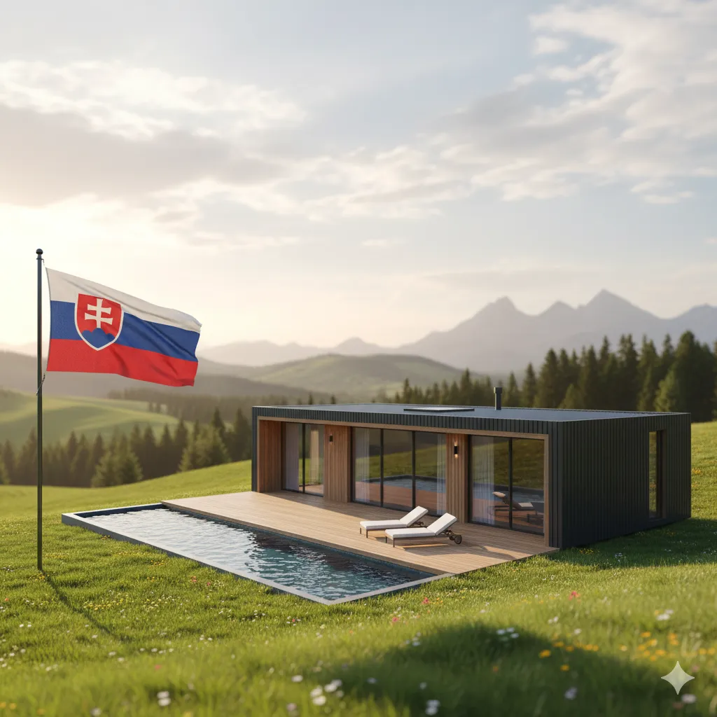 Explore Modern Construction Solutions in Slovakia: A sleek prefab home with a refreshing pool, set against Slovakia's beautiful rolling hills and mountains, with the Slovak flag proudly flying.