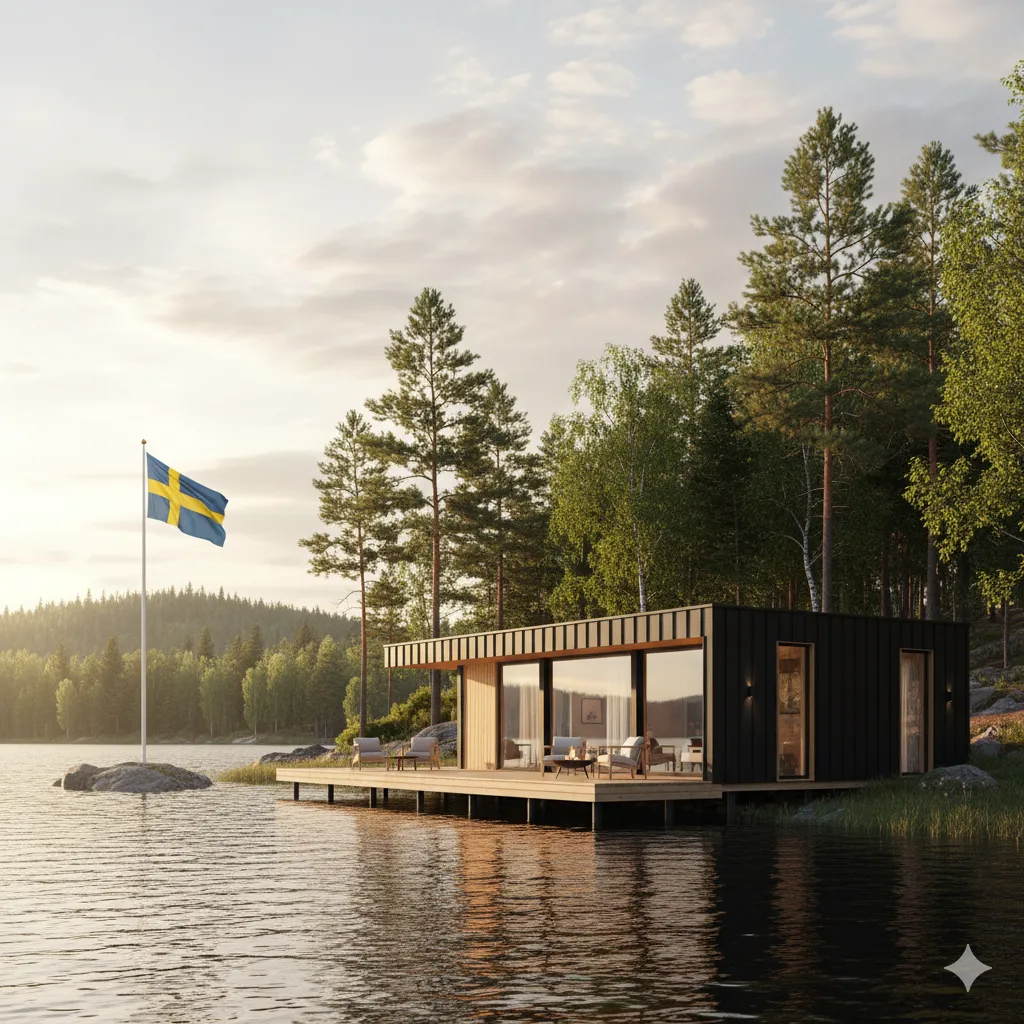 Discover Modern Construction Sweden: A contemporary prefab lakeside home, seamlessly integrated with the serene natural landscape, complete with a deck over the water and the Swedish flag.