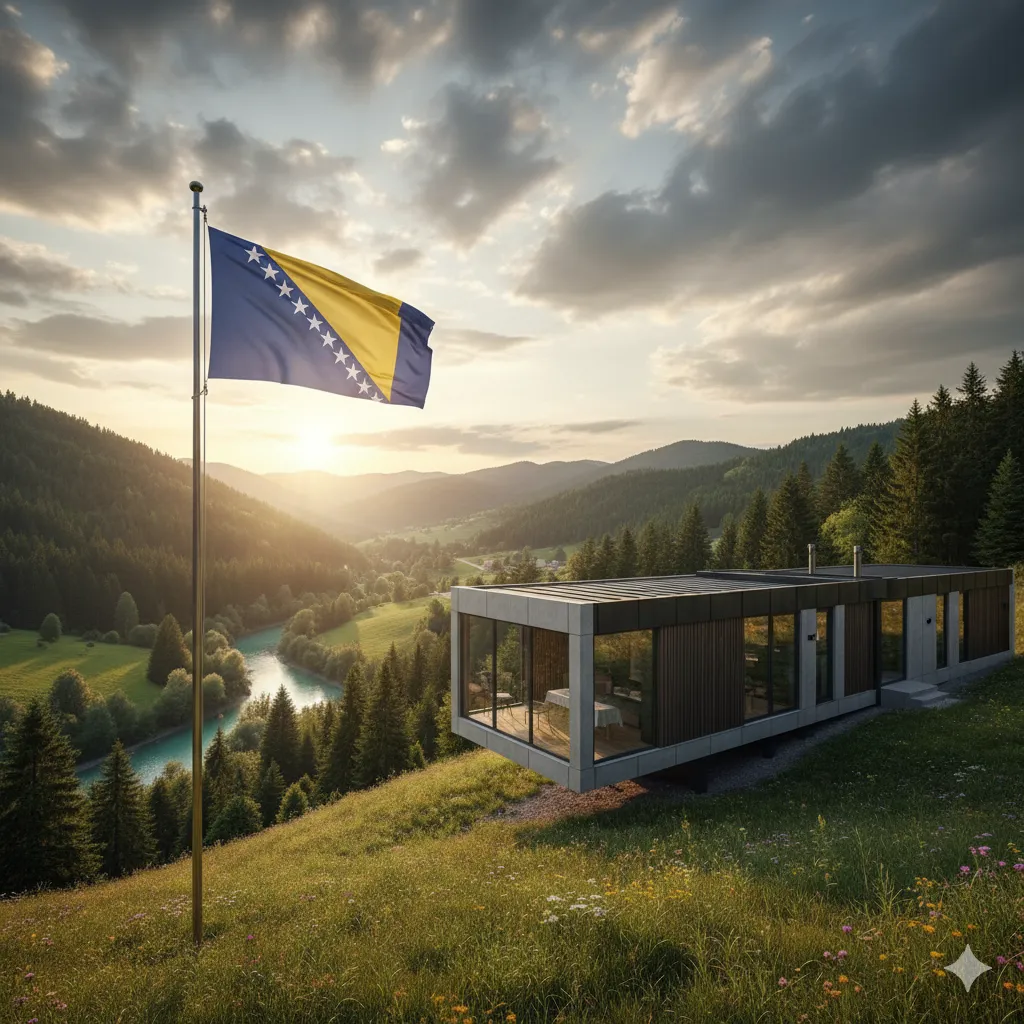 Modern Modular homes in Bosnia: A striking prefab house on a green hillside, overlooking a river and forests, with the Bosnian flag at sunset.