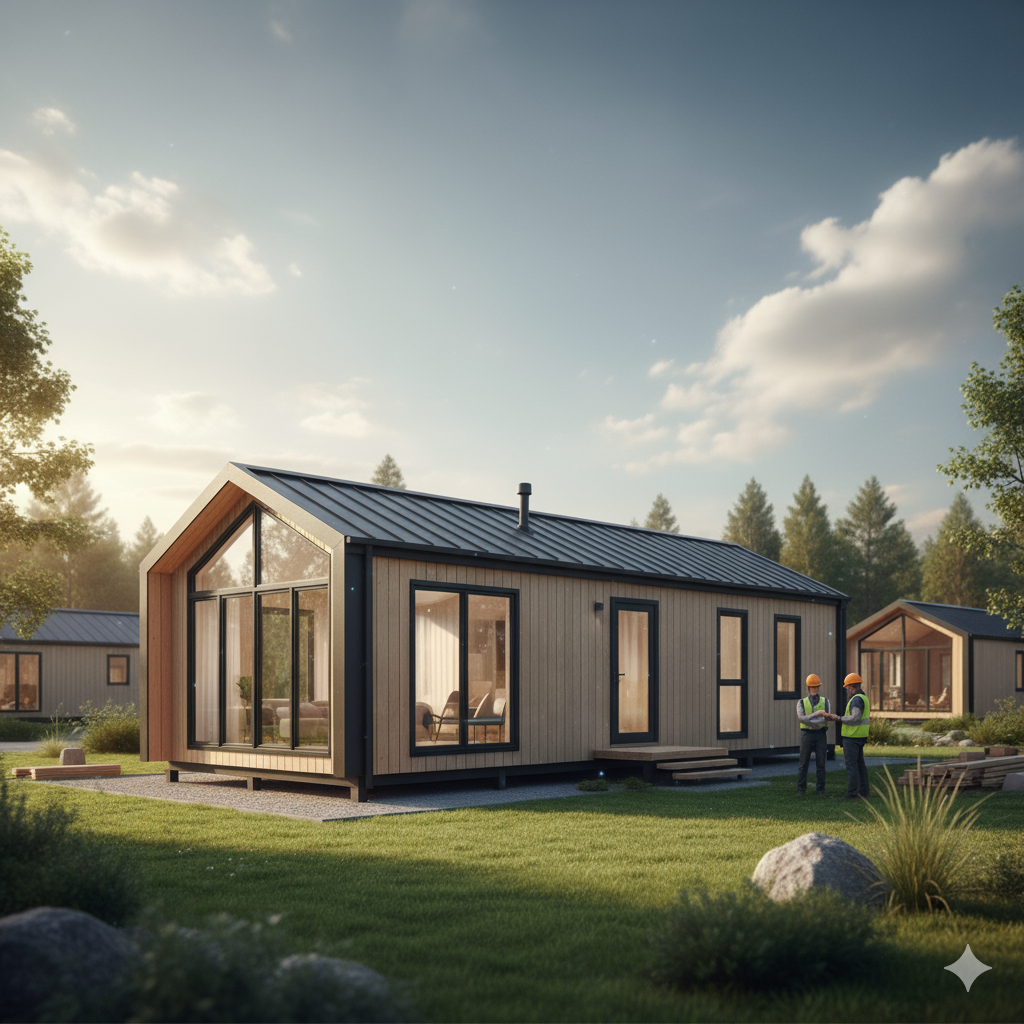 A modern crane precisely places a prefabricated home module on a clean construction site, showcasing the efficiency of Smart Construction Technologies.