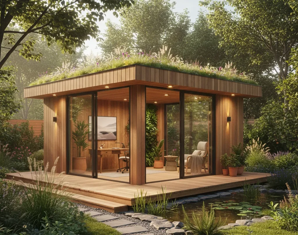 Prefabricated Garden Room: Modern wooden studio with a green roof, expansive glass, and a sleek design, ideal as a backyard office.