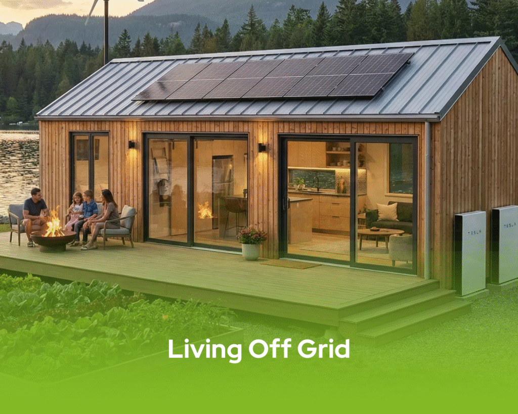 Sustainable off-grid home with solar energy and natural landscape