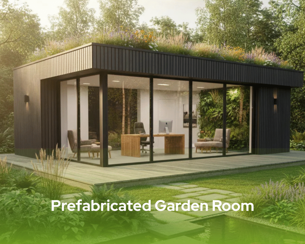 Prefabricated Garden Room: Modern wooden studio with a green roof, expansive glass, and a sleek design, ideal as a backyard office.